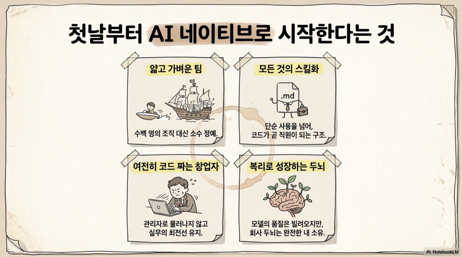첫날부터 AI 네이티브로 시작한다는 것 — 얇고 가벼운 팀·모든 것의 스킬화·여전히 코드 짜는 창업자·복리로 성장하는 두뇌